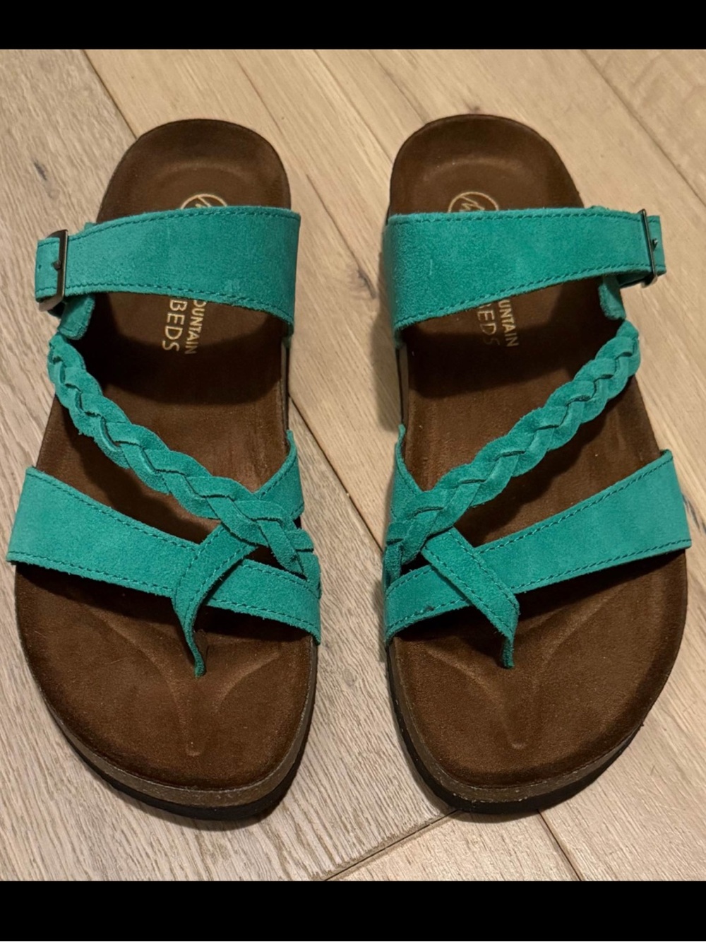 White Mountain Hazy Green Leather Braided Strap Sandals